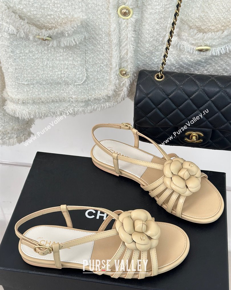 Chanel Lambskin tubular Sandals with Camellia Beige 2024 (modeng-24011824)