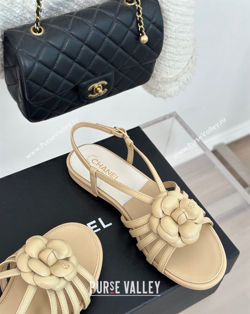 Chanel Lambskin tubular Sandals with Camellia Beige 2024 (modeng-24011824)