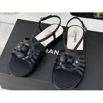 Chanel Lambskin tubular Sandals with Camellia Black 2024 (modeng-24011822)