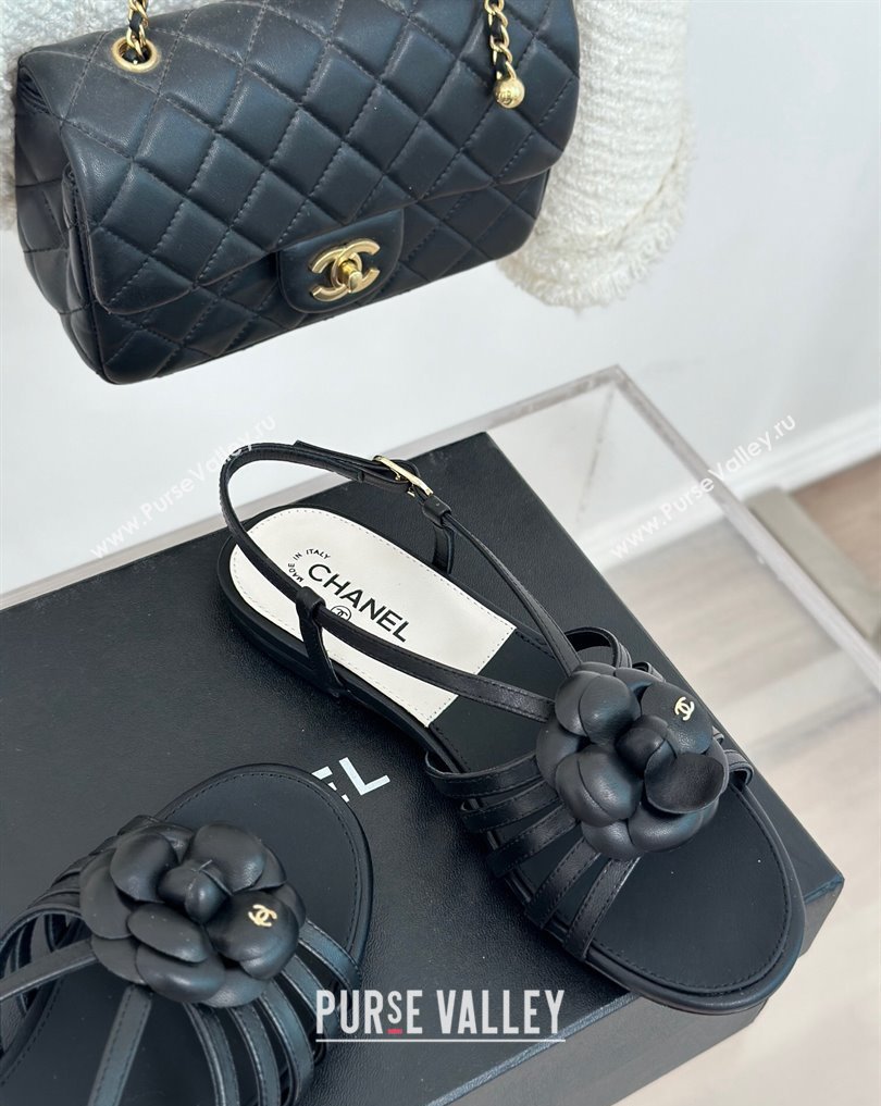 Chanel Lambskin tubular Sandals with Camellia Black 2024 (modeng-24011822)