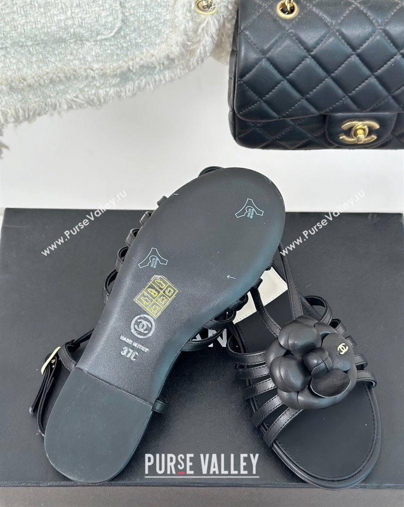 Chanel Lambskin tubular Sandals with Camellia Black 2024 (modeng-24011822)