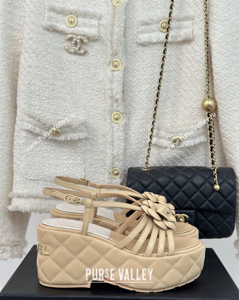 Chanel Lambskin tubular Platform Sandals with Camellia Beige 2024 (modeng-24011821)