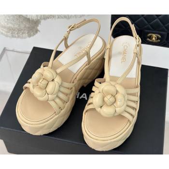 Chanel Lambskin tubular Platform Sandals with Camellia Beige 2024 (modeng-24011821)