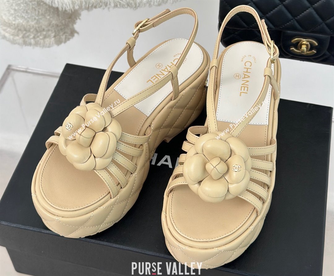 Chanel Lambskin tubular Platform Sandals with Camellia Beige 2024 (modeng-24011821)