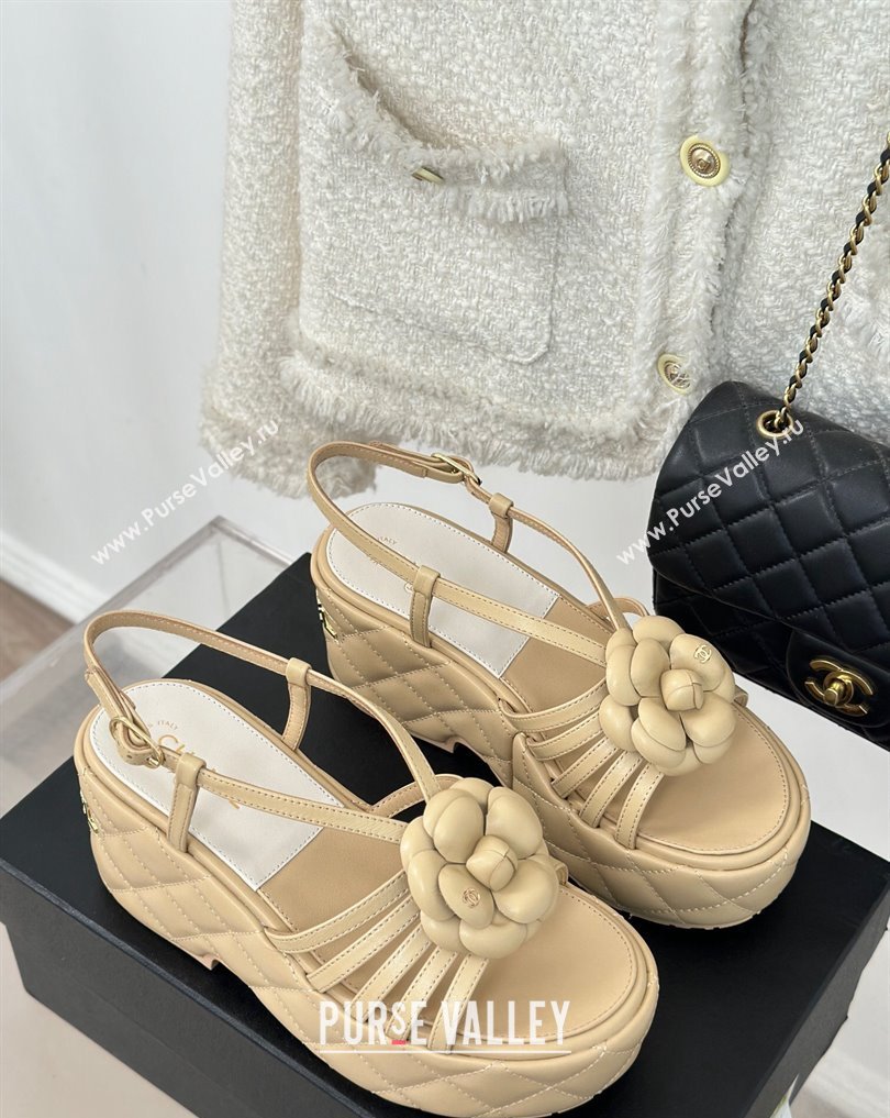 Chanel Lambskin tubular Platform Sandals with Camellia Beige 2024 (modeng-24011821)