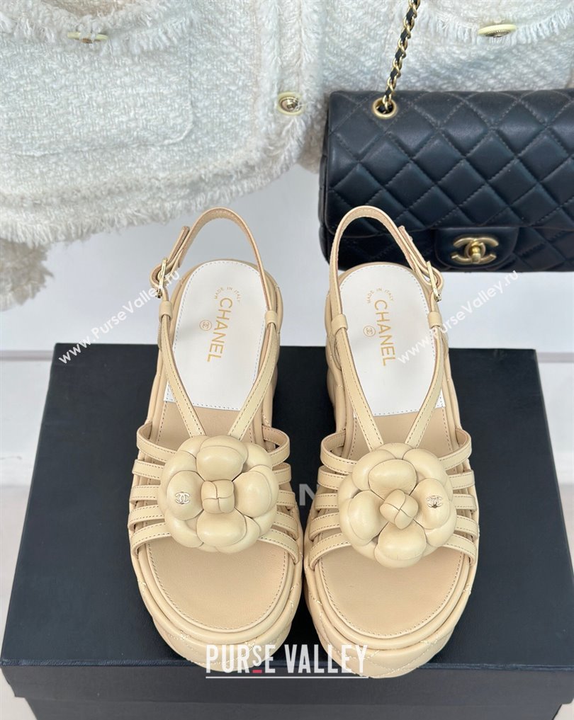 Chanel Lambskin tubular Platform Sandals with Camellia Beige 2024 (modeng-24011821)