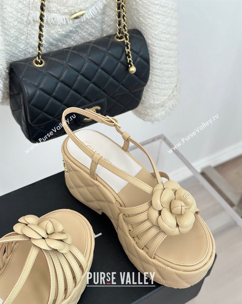 Chanel Lambskin tubular Platform Sandals with Camellia Beige 2024 (modeng-24011821)