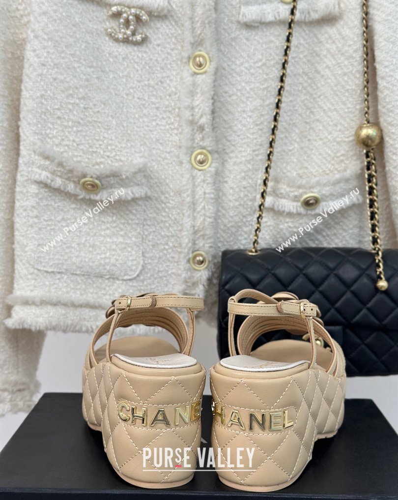 Chanel Lambskin tubular Platform Sandals with Camellia Beige 2024 (modeng-24011821)