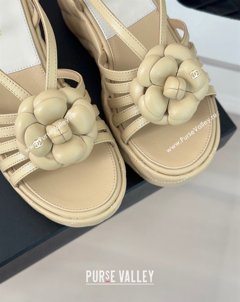 Chanel Lambskin tubular Platform Sandals with Camellia Beige 2024 (modeng-24011821)