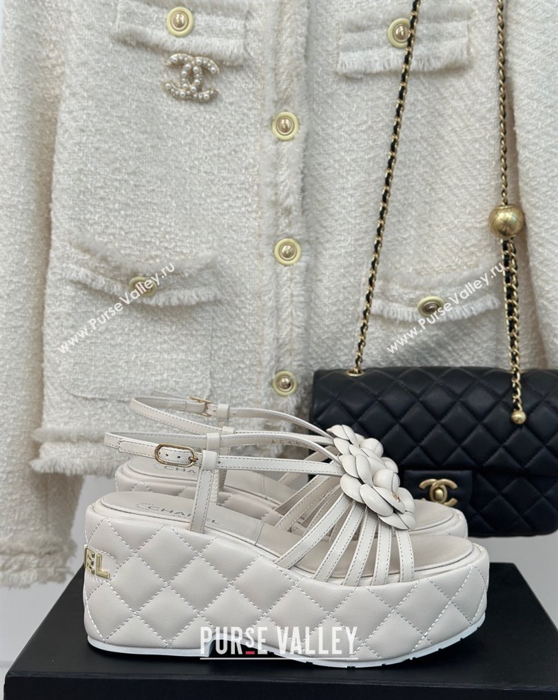 Chanel Lambskin tubular Platform Sandals with Camellia White 2024 (modeng-24011820)