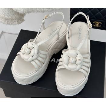 Chanel Lambskin tubular Platform Sandals with Camellia White 2024 (modeng-24011820)