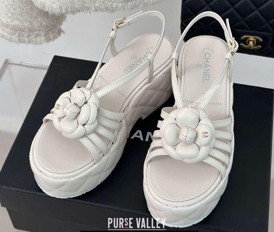 Chanel Lambskin tubular Platform Sandals with Camellia White 2024 (modeng-24011820)