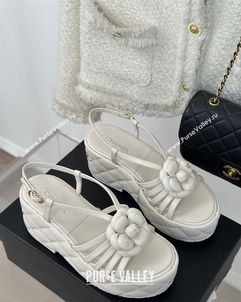 Chanel Lambskin tubular Platform Sandals with Camellia White 2024 (modeng-24011820)