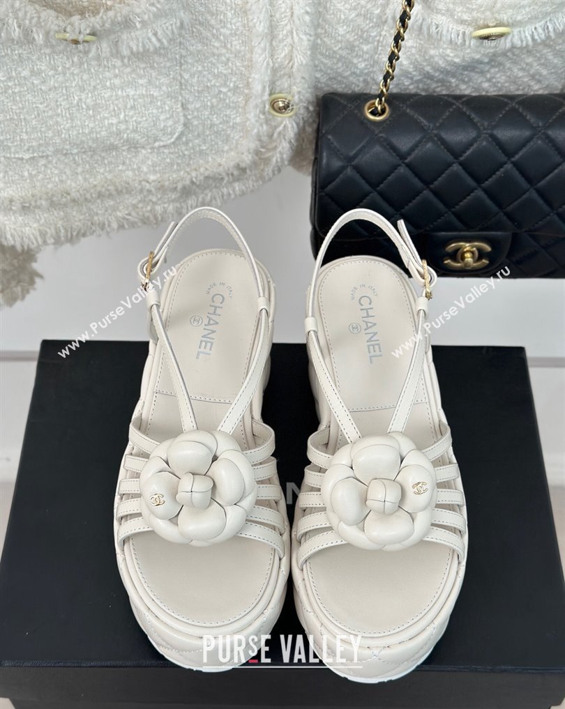 Chanel Lambskin tubular Platform Sandals with Camellia White 2024 (modeng-24011820)