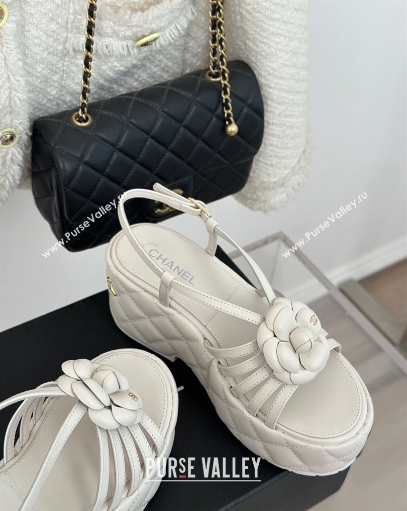 Chanel Lambskin tubular Platform Sandals with Camellia White 2024 (modeng-24011820)