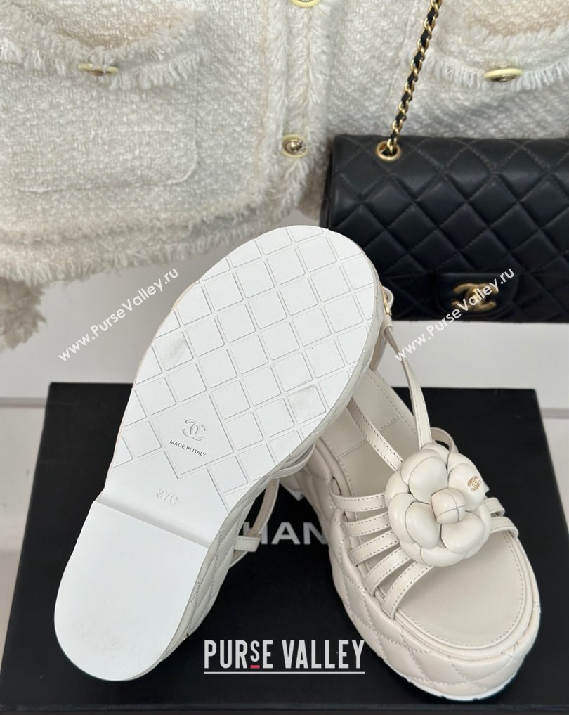 Chanel Lambskin tubular Platform Sandals with Camellia White 2024 (modeng-24011820)