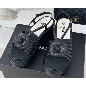 Chanel Lambskin tubular Platform Sandals with Camellia Black 2024 (modeng-24011819)