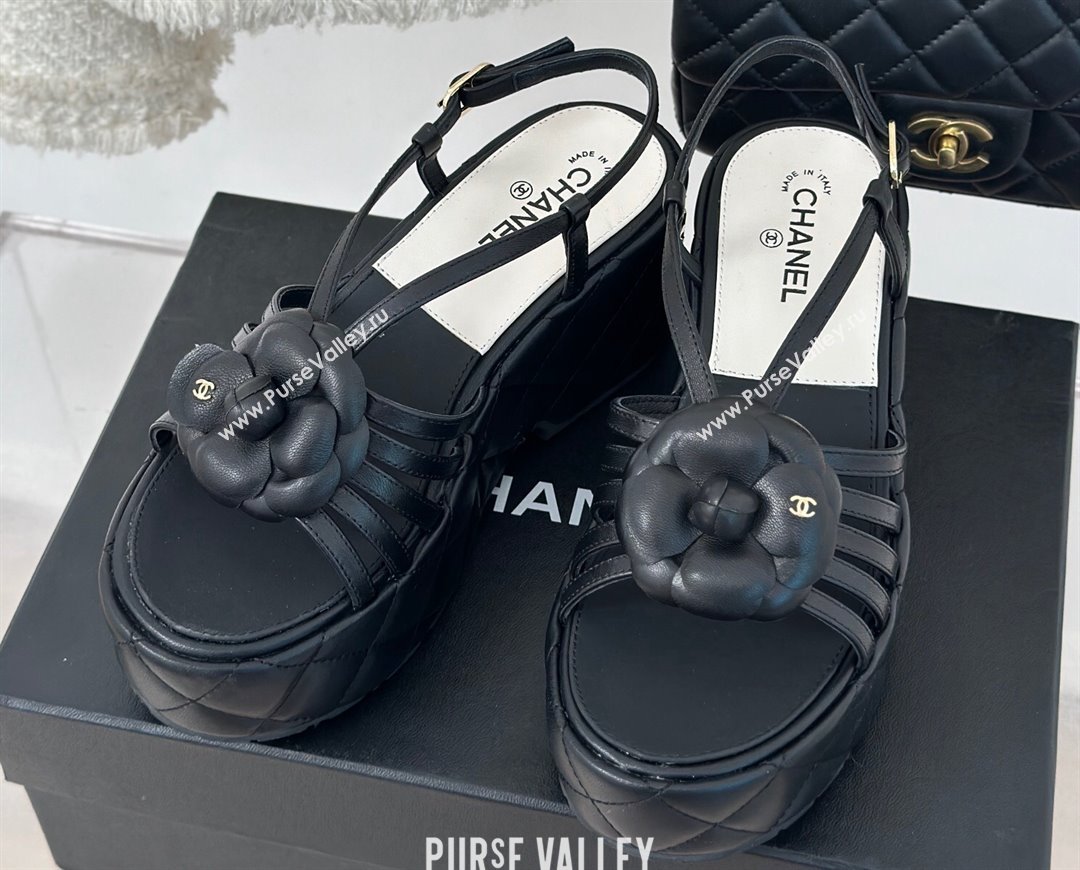 Chanel Lambskin tubular Platform Sandals with Camellia Black 2024 (modeng-24011819)