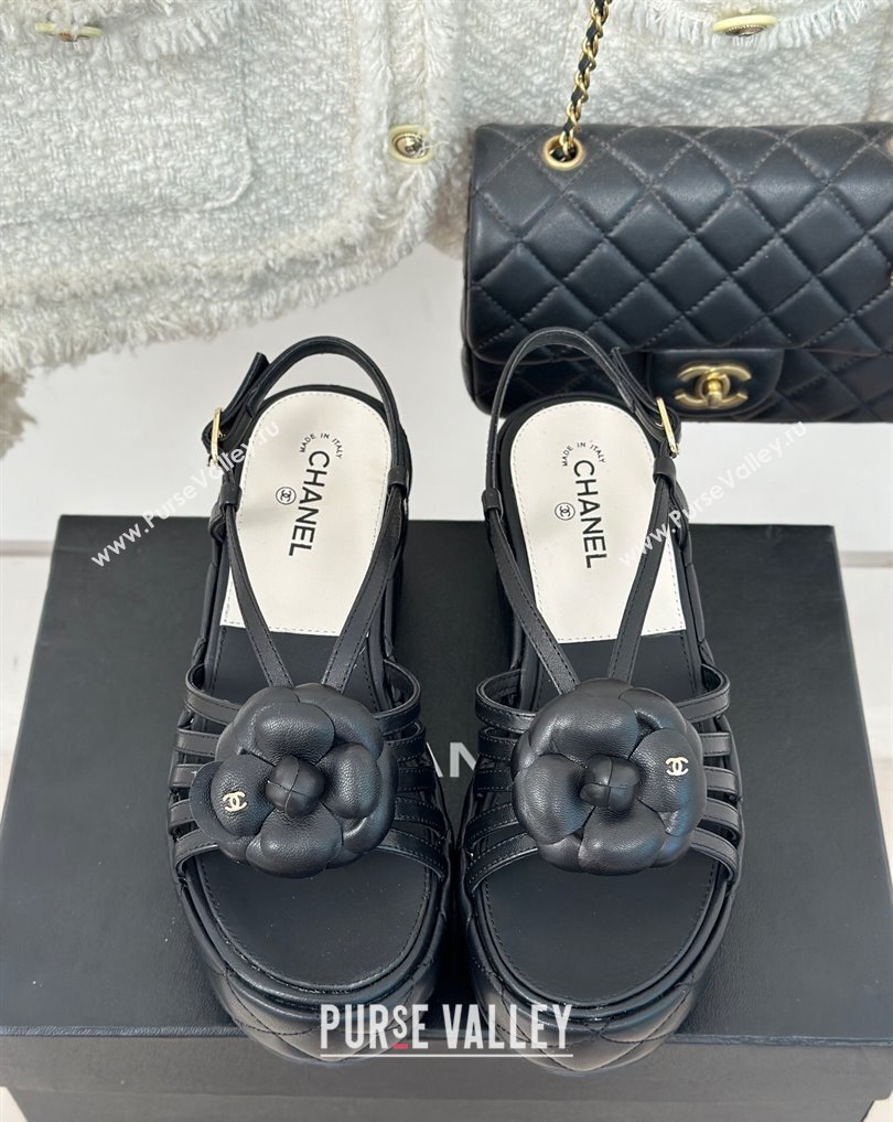 Chanel Lambskin tubular Platform Sandals with Camellia Black 2024 (modeng-24011819)