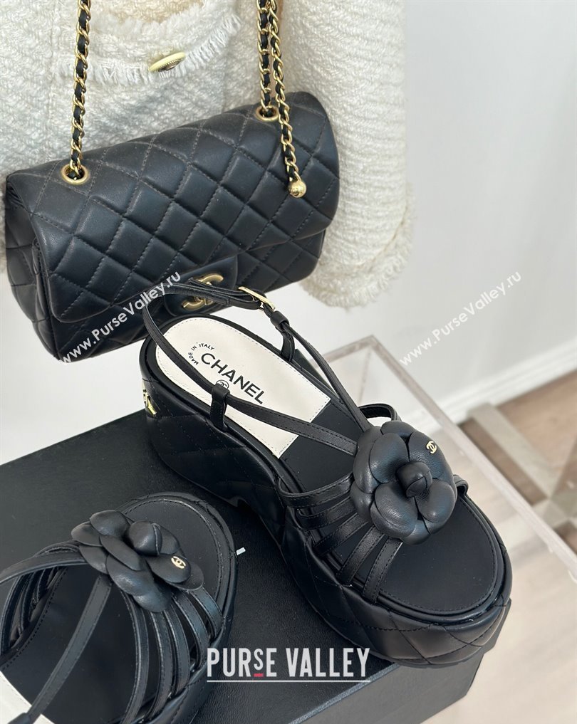 Chanel Lambskin tubular Platform Sandals with Camellia Black 2024 (modeng-24011819)