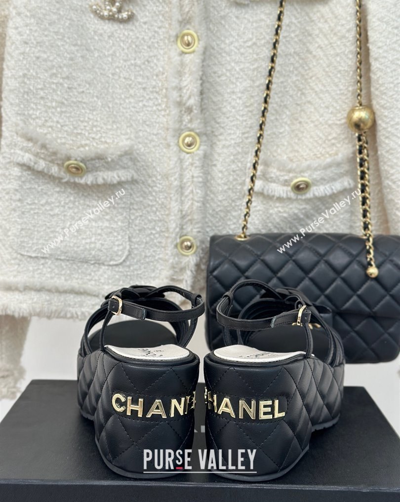 Chanel Lambskin tubular Platform Sandals with Camellia Black 2024 (modeng-24011819)