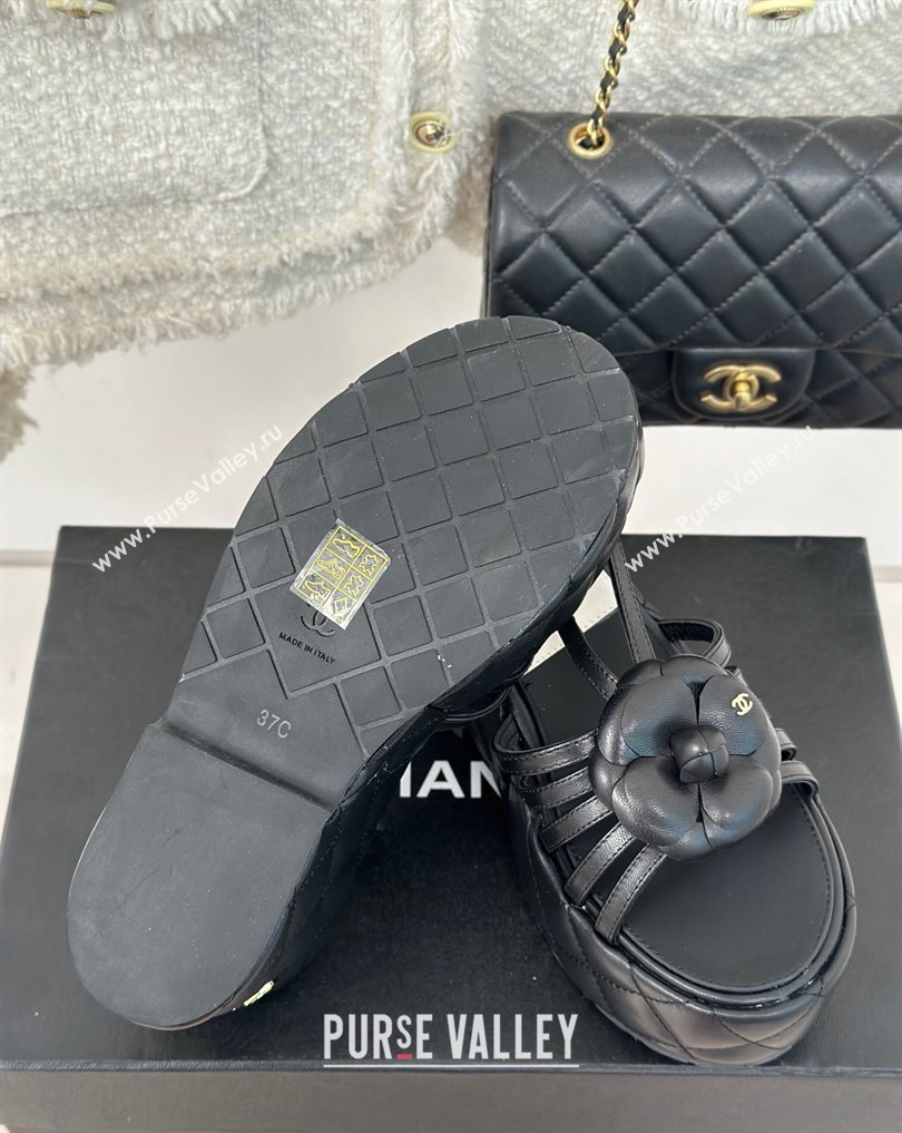 Chanel Lambskin tubular Platform Sandals with Camellia Black 2024 (modeng-24011819)