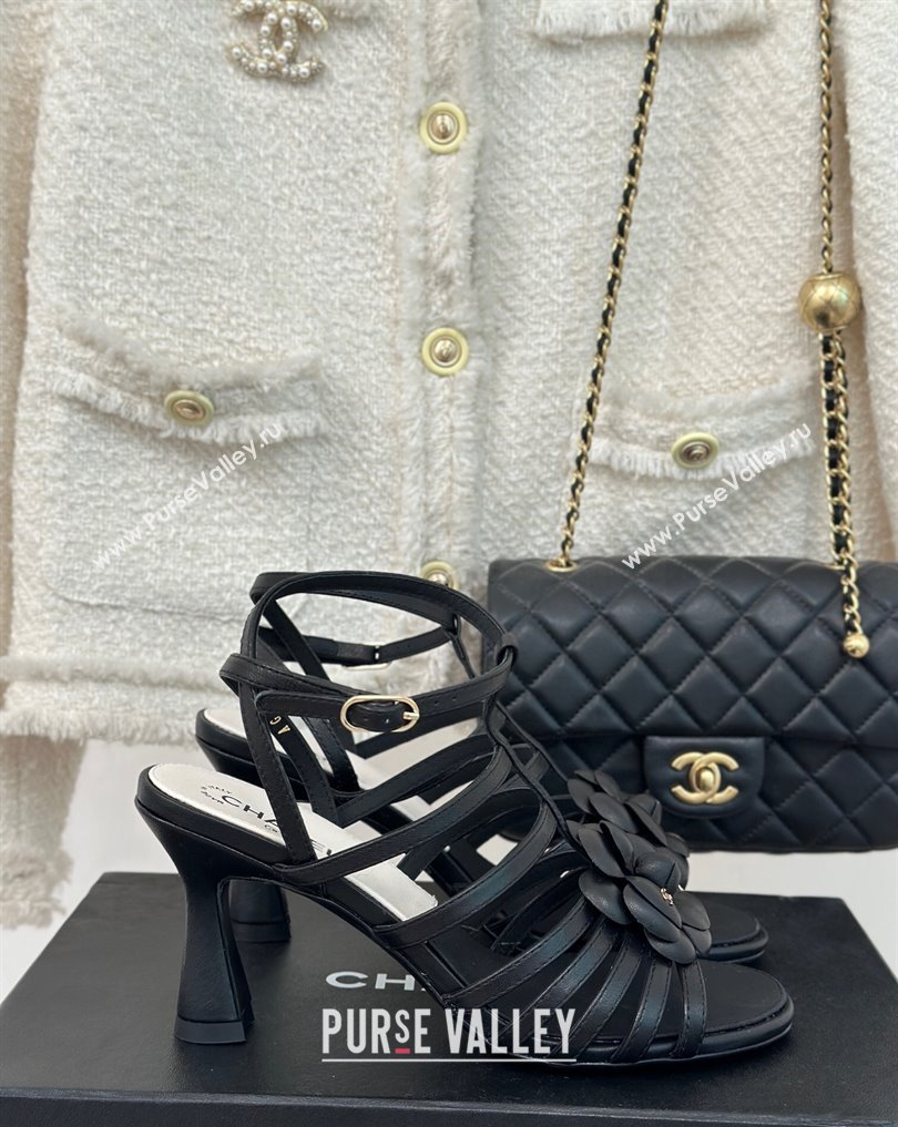 Chanel Lambskin tubular Heel Sandals with Camellia Black 2024 (modeng-24011816)