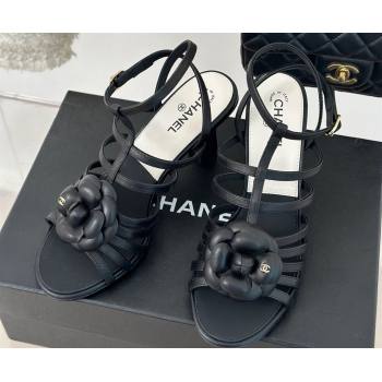 Chanel Lambskin tubular Heel Sandals with Camellia Black 2024 (modeng-24011816)