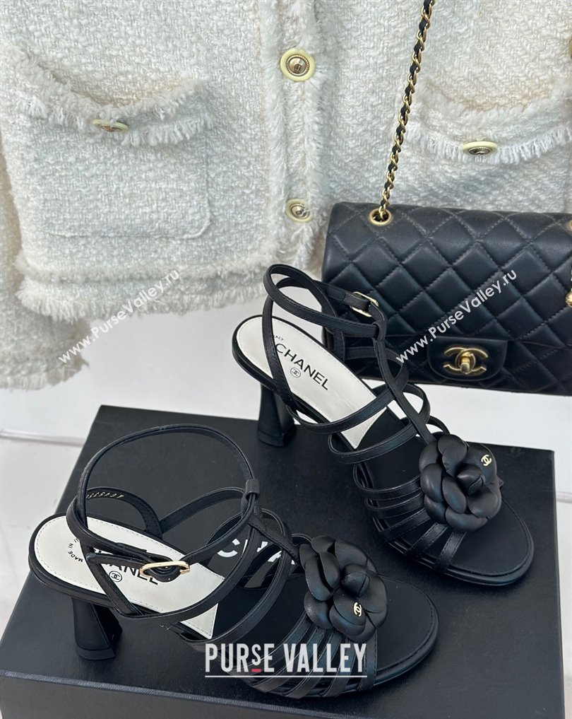 Chanel Lambskin tubular Heel Sandals with Camellia Black 2024 (modeng-24011816)