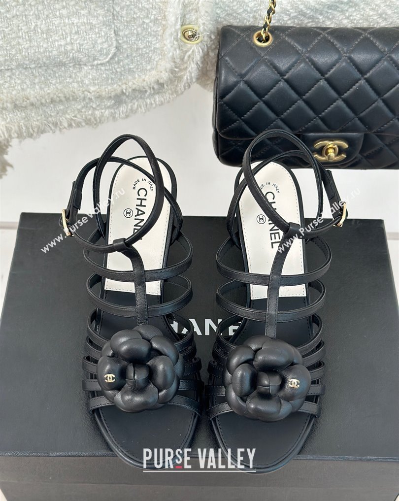 Chanel Lambskin tubular Heel Sandals with Camellia Black 2024 (modeng-24011816)