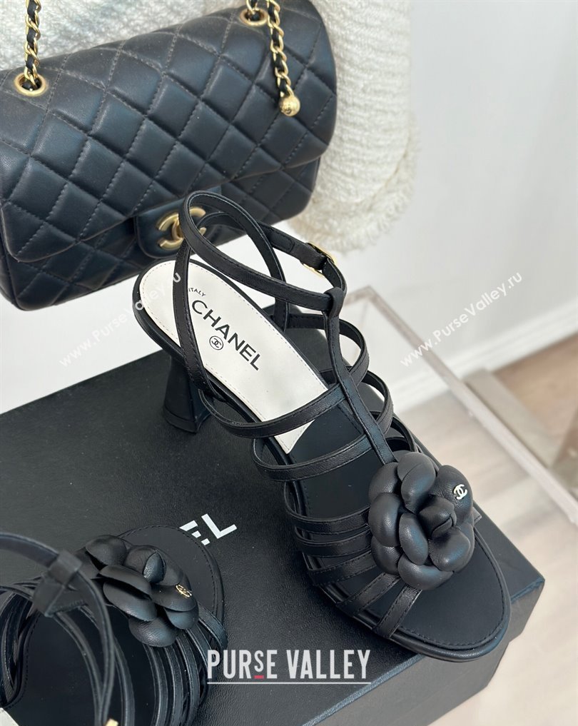 Chanel Lambskin tubular Heel Sandals with Camellia Black 2024 (modeng-24011816)