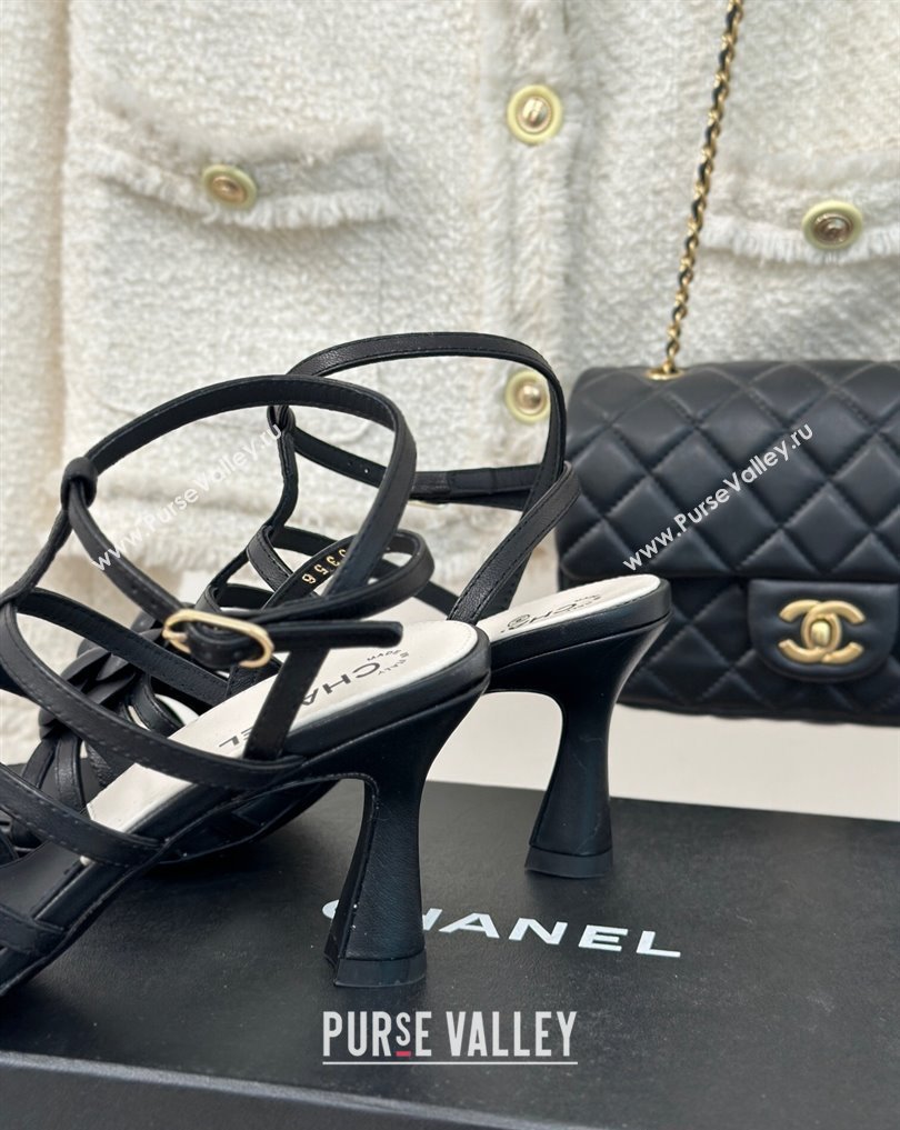 Chanel Lambskin tubular Heel Sandals with Camellia Black 2024 (modeng-24011816)