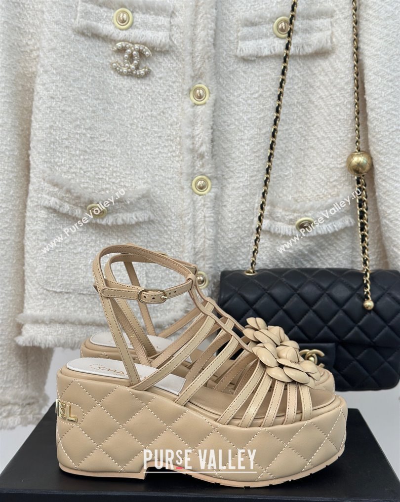 Chanel Lambskin tubular Platform Sandals with Ankle Strap and Camellia Beige 2024 (modeng-24011815)