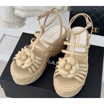 Chanel Lambskin tubular Platform Sandals with Ankle Strap and Camellia Beige 2024 (modeng-24011815)