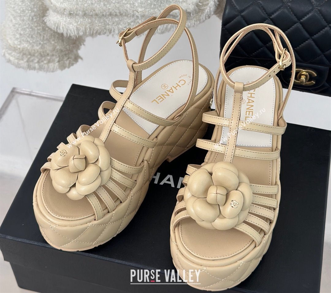 Chanel Lambskin tubular Platform Sandals with Ankle Strap and Camellia Beige 2024 (modeng-24011815)