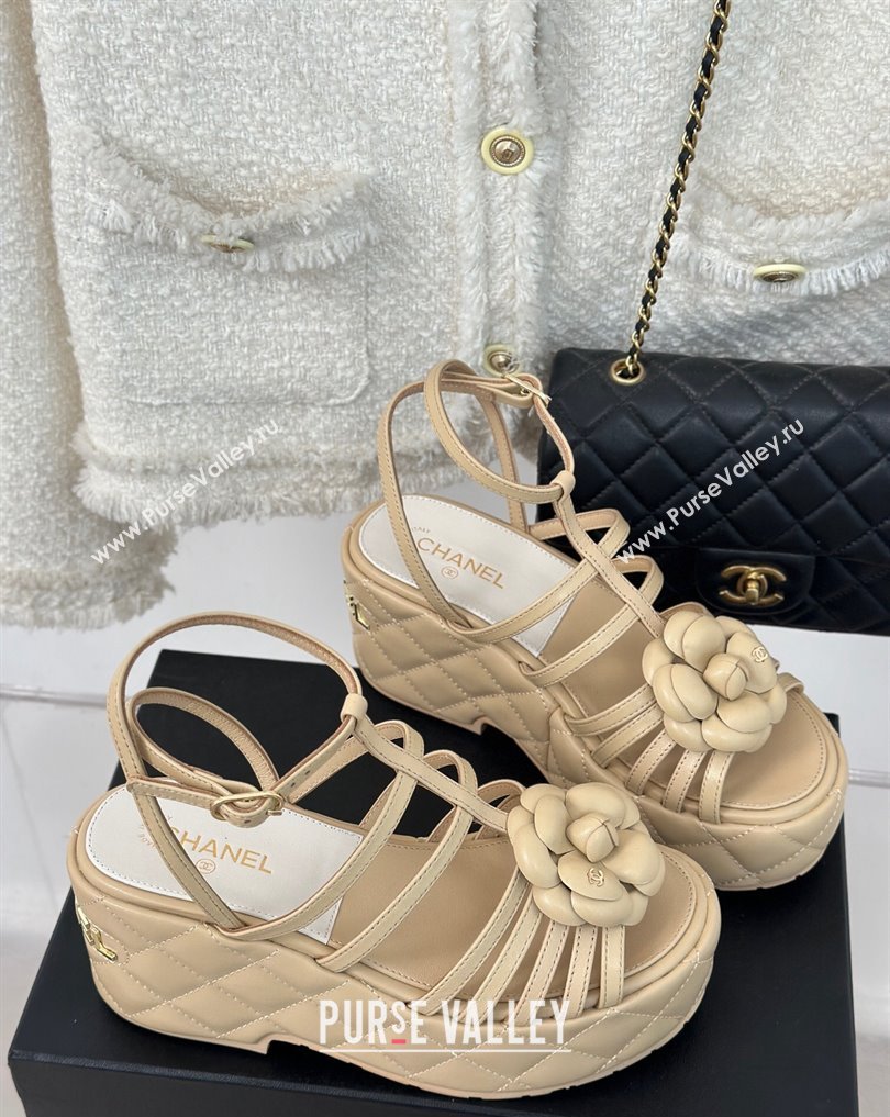 Chanel Lambskin tubular Platform Sandals with Ankle Strap and Camellia Beige 2024 (modeng-24011815)
