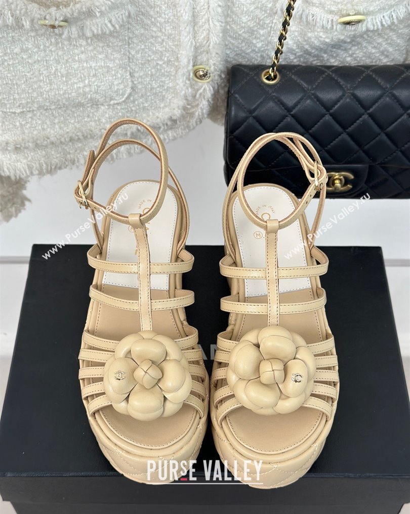 Chanel Lambskin tubular Platform Sandals with Ankle Strap and Camellia Beige 2024 (modeng-24011815)