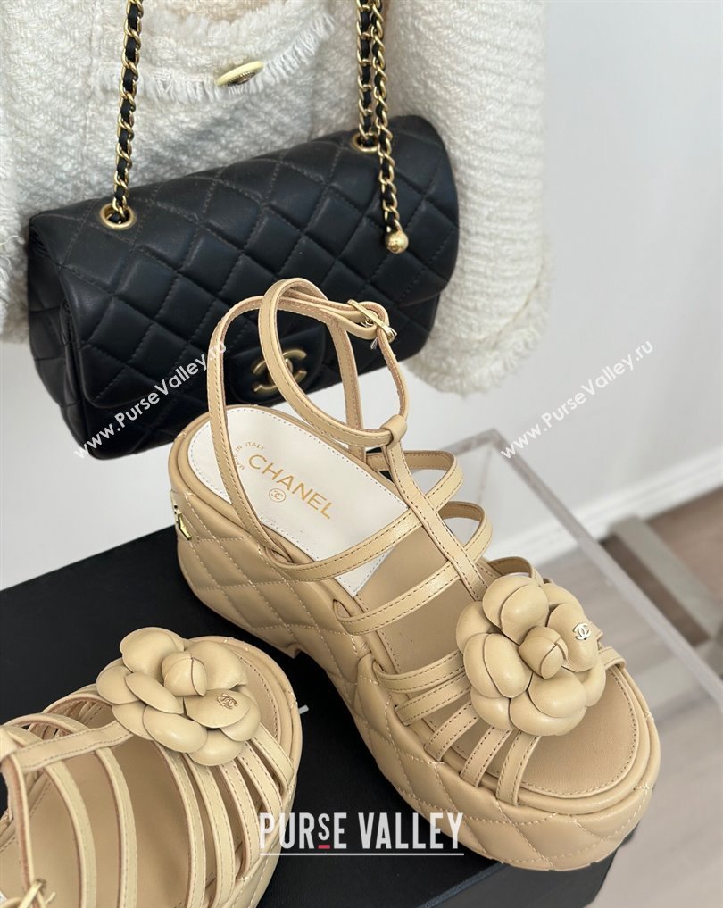Chanel Lambskin tubular Platform Sandals with Ankle Strap and Camellia Beige 2024 (modeng-24011815)