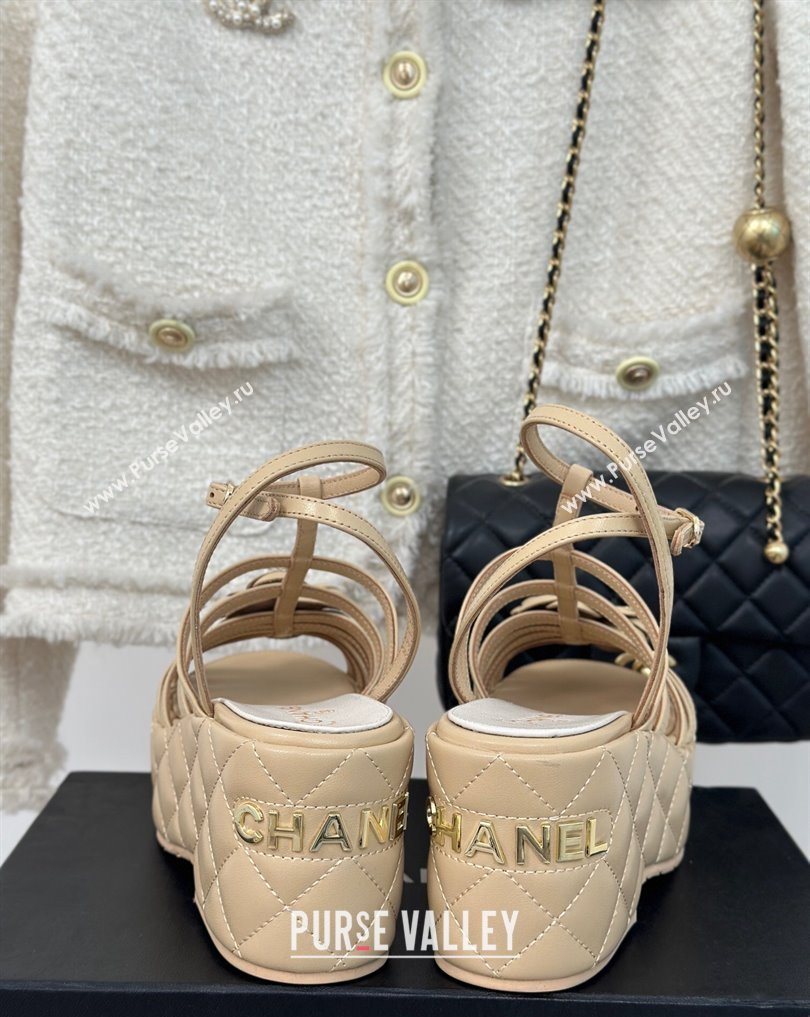 Chanel Lambskin tubular Platform Sandals with Ankle Strap and Camellia Beige 2024 (modeng-24011815)