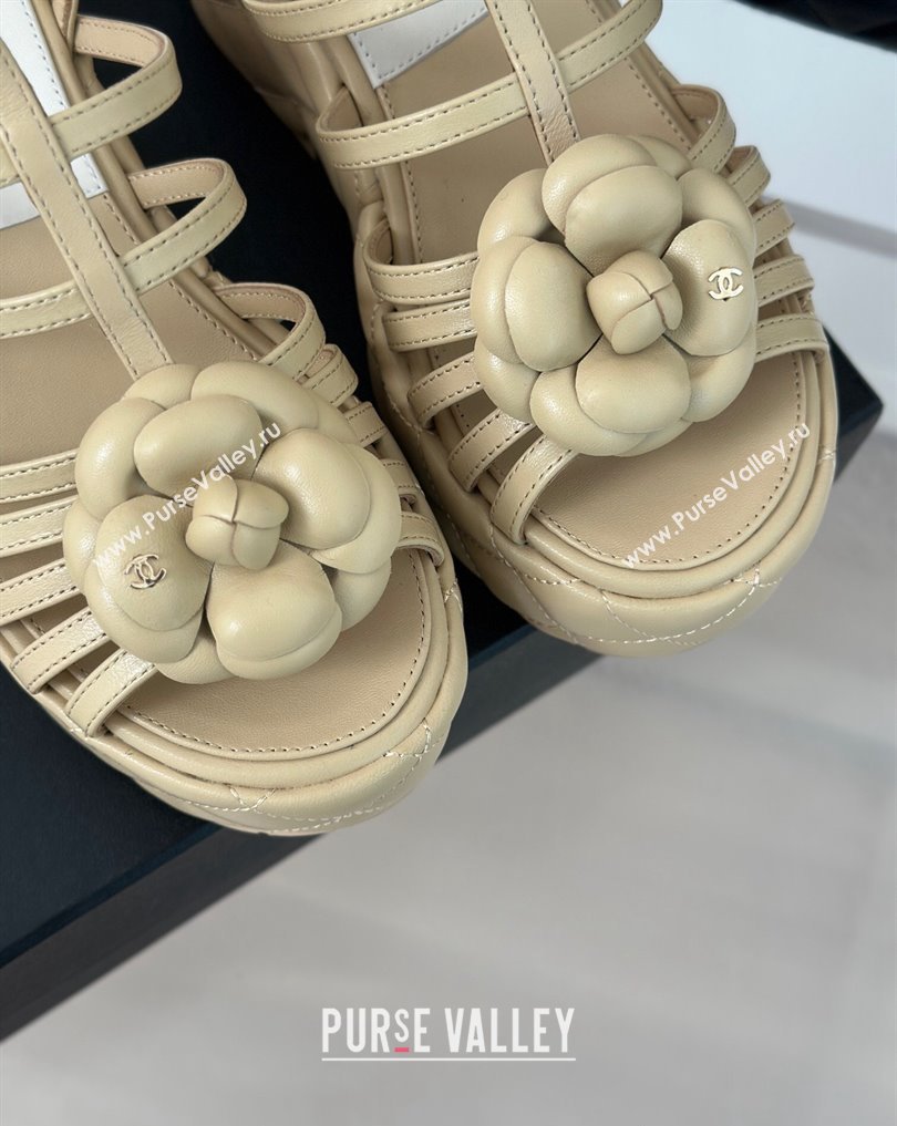Chanel Lambskin tubular Platform Sandals with Ankle Strap and Camellia Beige 2024 (modeng-24011815)