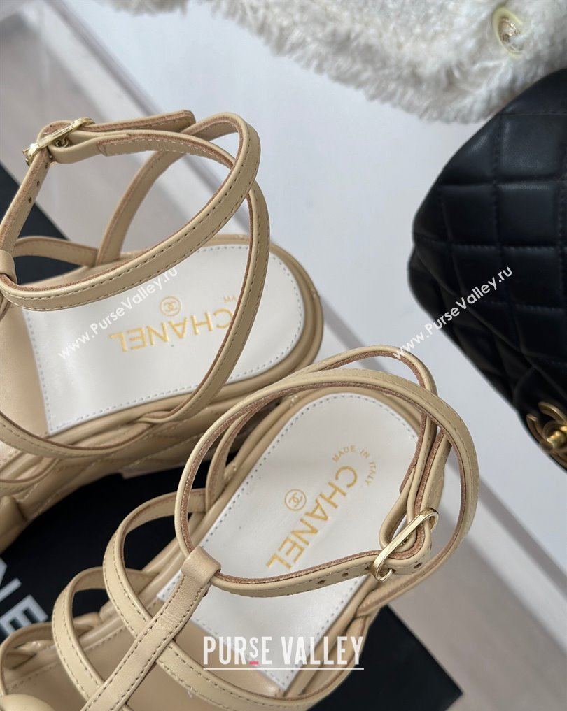 Chanel Lambskin tubular Platform Sandals with Ankle Strap and Camellia Beige 2024 (modeng-24011815)