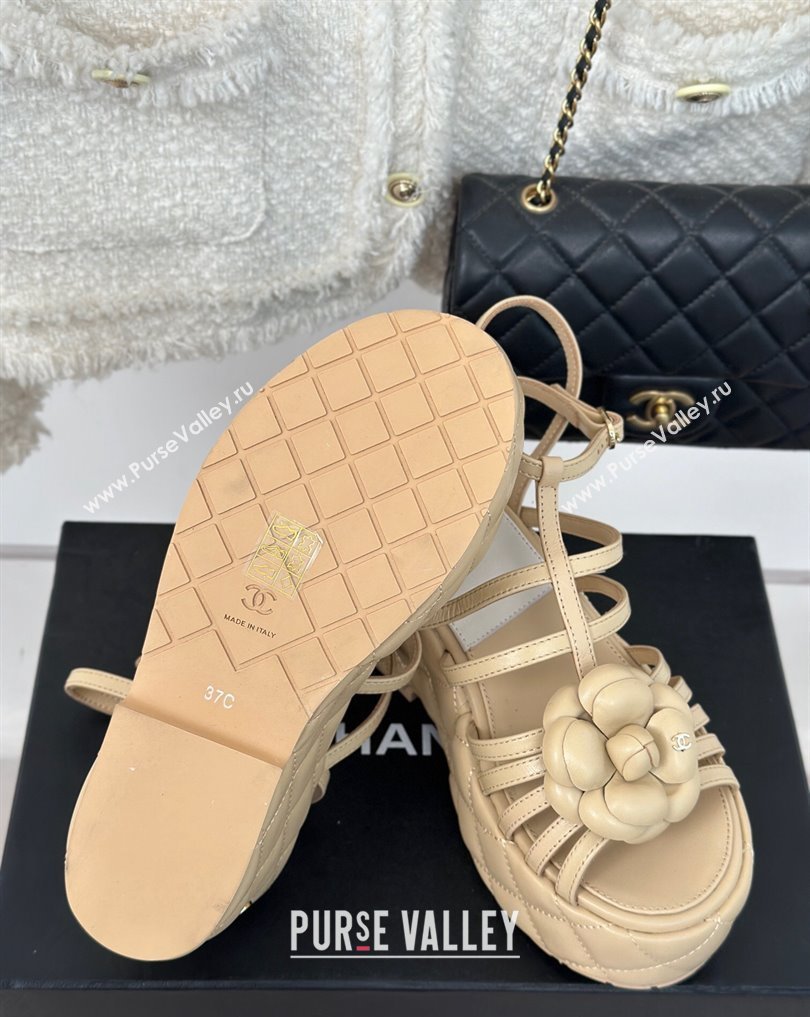 Chanel Lambskin tubular Platform Sandals with Ankle Strap and Camellia Beige 2024 (modeng-24011815)