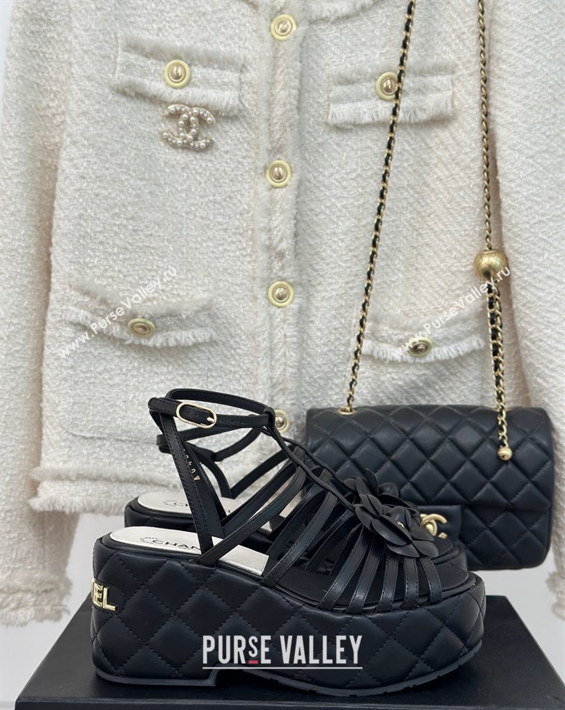 Chanel Lambskin tubular Platform Sandals with Ankle Strap and Camellia Black 2024 (modeng-24011813)