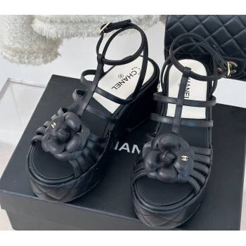 Chanel Lambskin tubular Platform Sandals with Ankle Strap and Camellia Black 2024 (modeng-24011813)