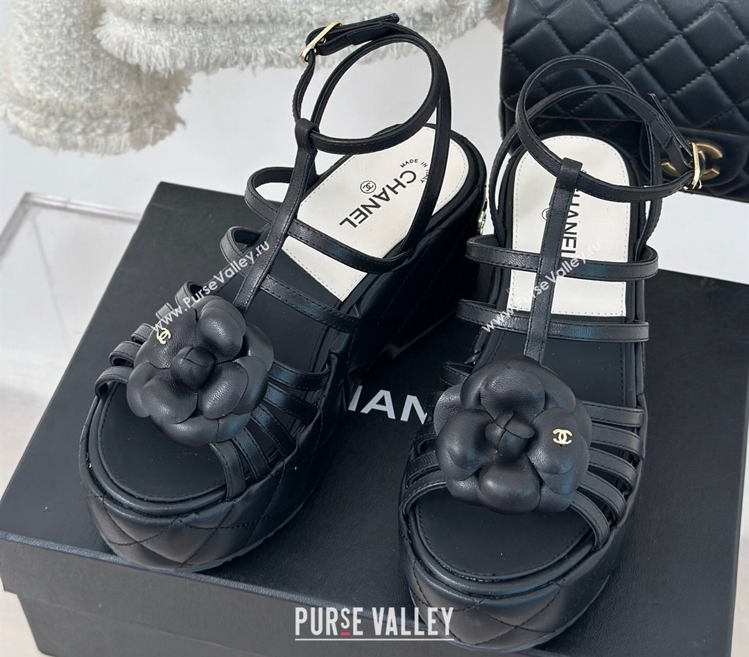 Chanel Lambskin tubular Platform Sandals with Ankle Strap and Camellia Black 2024 (modeng-24011813)