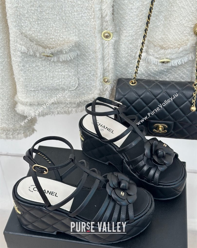 Chanel Lambskin tubular Platform Sandals with Ankle Strap and Camellia Black 2024 (modeng-24011813)