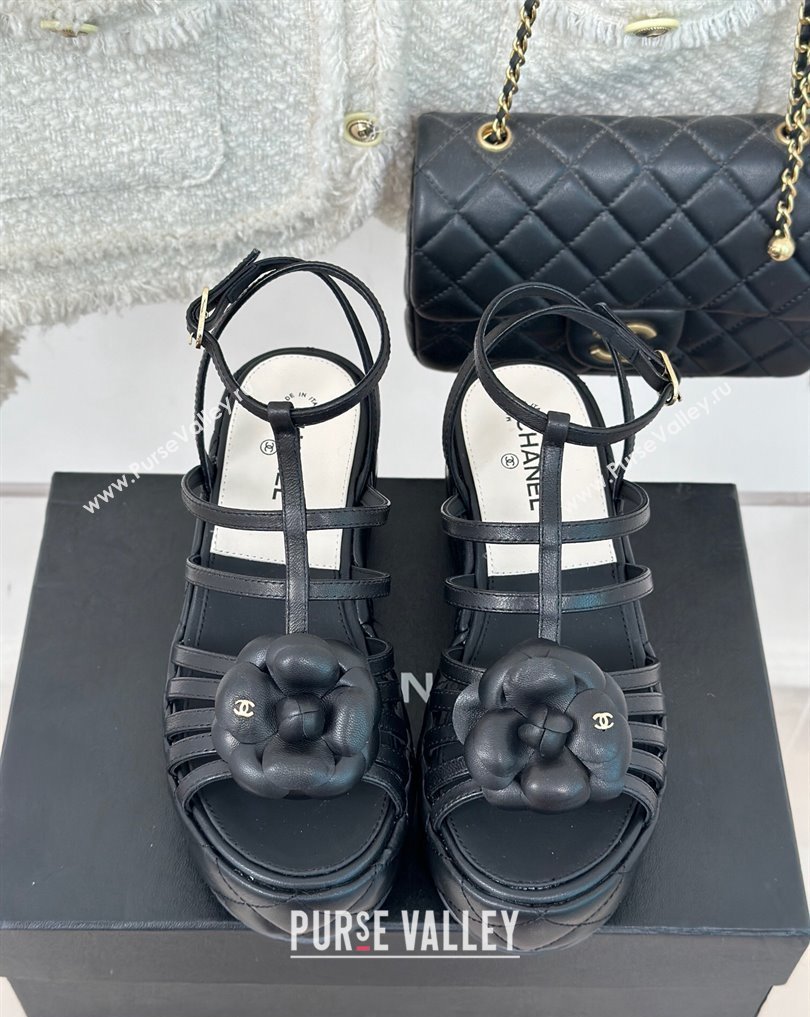 Chanel Lambskin tubular Platform Sandals with Ankle Strap and Camellia Black 2024 (modeng-24011813)