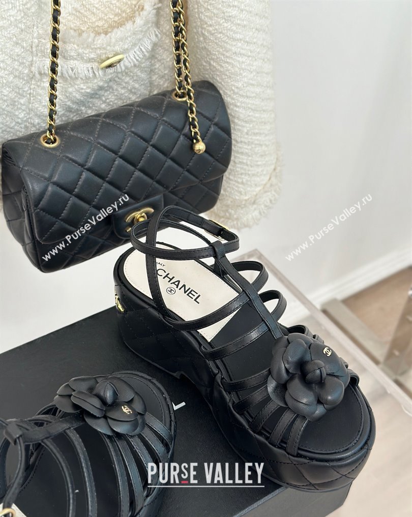 Chanel Lambskin tubular Platform Sandals with Ankle Strap and Camellia Black 2024 (modeng-24011813)