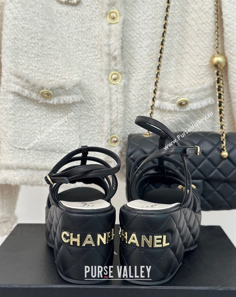 Chanel Lambskin tubular Platform Sandals with Ankle Strap and Camellia Black 2024 (modeng-24011813)