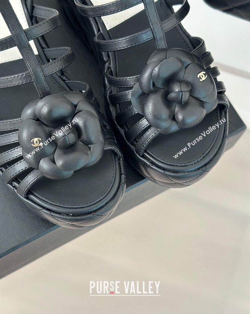 Chanel Lambskin tubular Platform Sandals with Ankle Strap and Camellia Black 2024 (modeng-24011813)